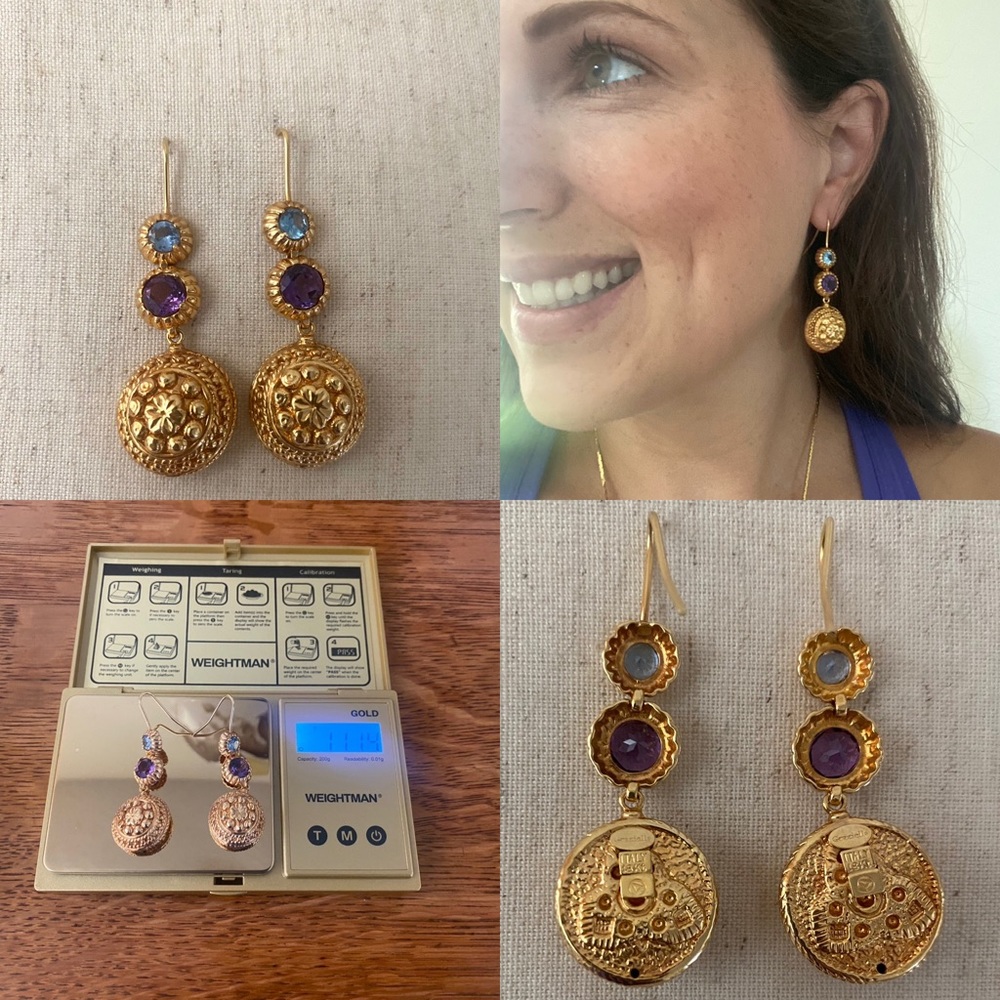 Graziella 18k 18 Karat Gold, Amethyst, & Blue Spinel Medallion Drop Earrings 11g